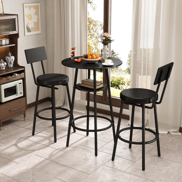 3 Pieces Round Bar Table Set, Small Dining Table for 2, Black Kitchen Bar Table, Breakfast Table with Storage, 2 Thickened Cushion Stools with Backrest for Dining Room & Bistro-Black