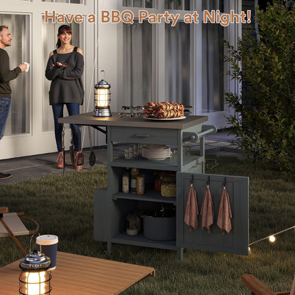 Outdoor Grill Cart with Drop Leaf, Stainless Steel Tabletop Outdoor Kitchen Island, Solid Wood Outdoor Buffet Cabinet with Drawer, Towel Rack, Lockable Wheels for Grilling, Brown/Light Wood Color/Gray-blue