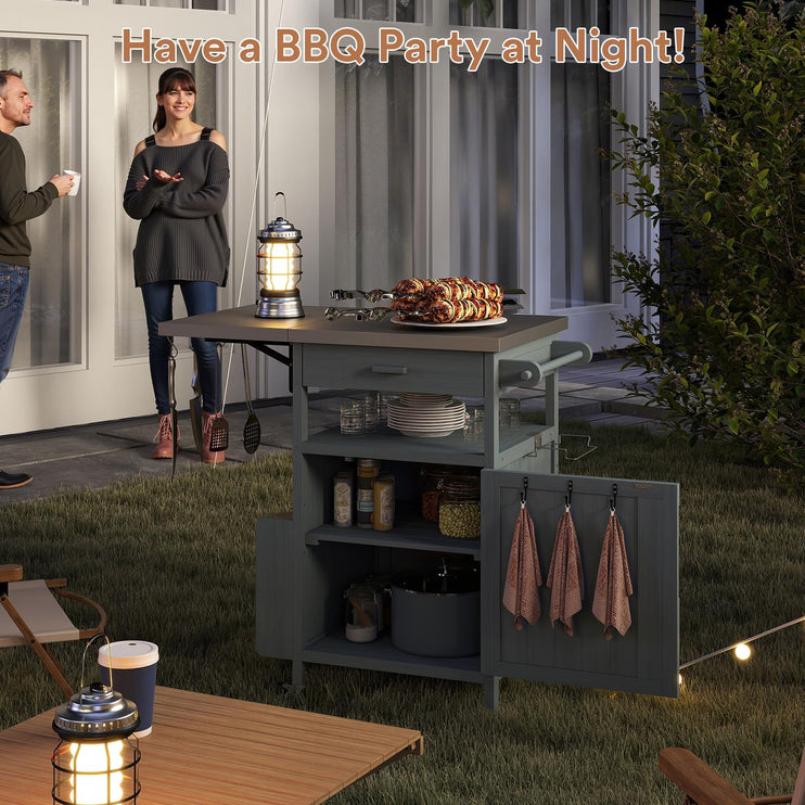 Outdoor Grill Cart with Drop Leaf, Stainless Steel Tabletop Outdoor Kitchen Island, Solid Wood Outdoor Buffet Cabinet with Drawer, Towel Rack, Lockable Wheels for Grilling, Brown/Light Wood Color/Gray-blue