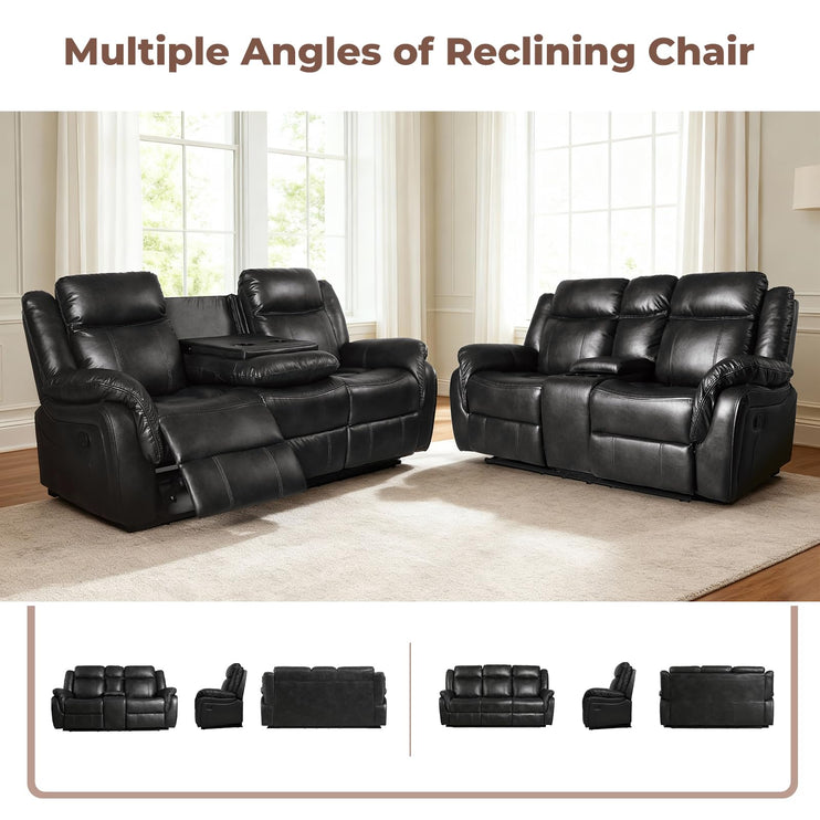 Leather Manual Recliner Sofa Set, Reclining Sofa Chair with Adjustable Angle, Living Room Furniture Sets, Includes Single Recliner Chair and Loveseat Sofa, Black