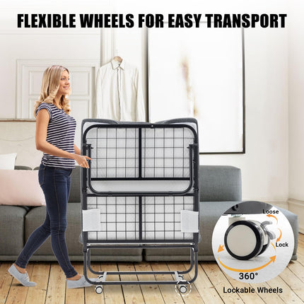 Folding Bed with 5" Mattress for Adults Portable Rollaway Bedframe for Guests, Strong Metal Frame 75” x 39” Black Gray