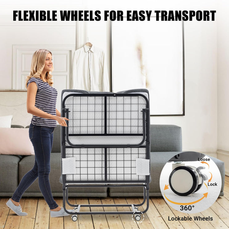 Folding Bed with 5" Mattress for Adults Portable Rollaway Bedframe for Guests, Strong Metal Frame 75” x 39” Black Gray