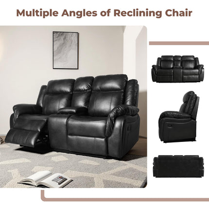 Leather Manual Recliner Sofa Set, 1, 2, 3 Seat Reclining Chairs with Adjustable Angles, Center Console, Hidden Storage & Cup Holders, Modern Reclining Furniture for Living Room & Bedroom, Black