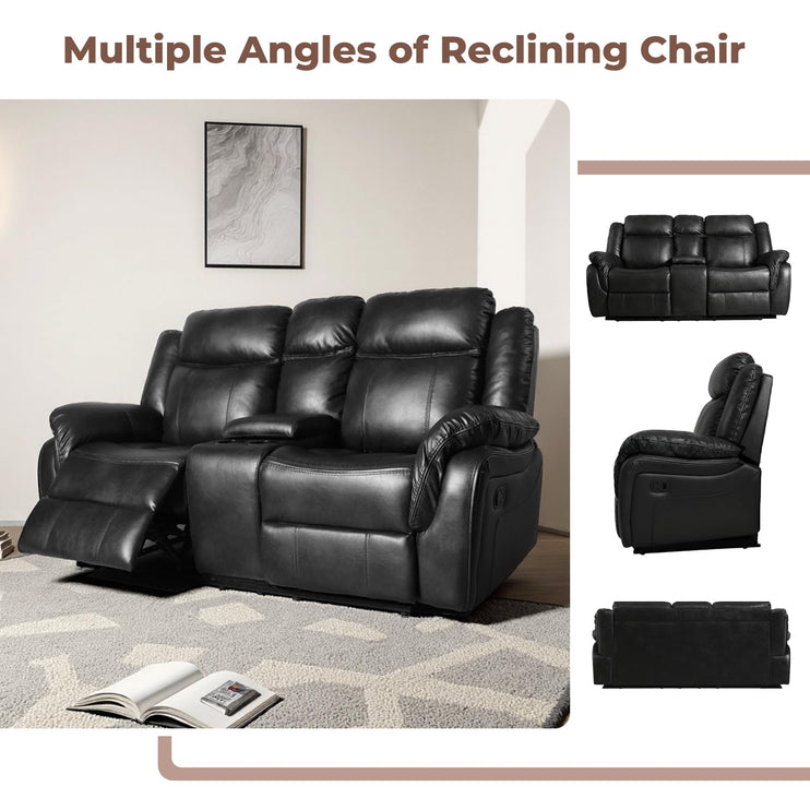 Leather Manual Recliner Sofa Set, 1, 2, 3 Seat Reclining Chairs with Adjustable Angles, Center Console, Hidden Storage & Cup Holders, Modern Reclining Furniture for Living Room & Bedroom, Black