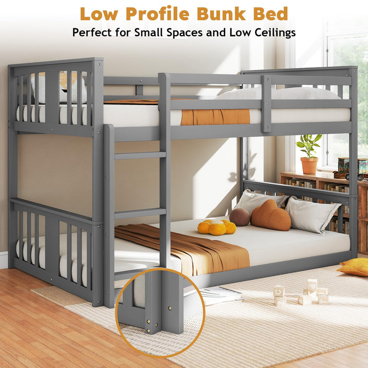 Wooden Bunk Bed Twin Over Twin, Low Bunk Bed, Solid Pine Wood Bed Frame with Built-in Ladder, Convertible Bed Frame That Separates into 2 Twin Beds, Floor Bunk Bed for Bedroom, Gray