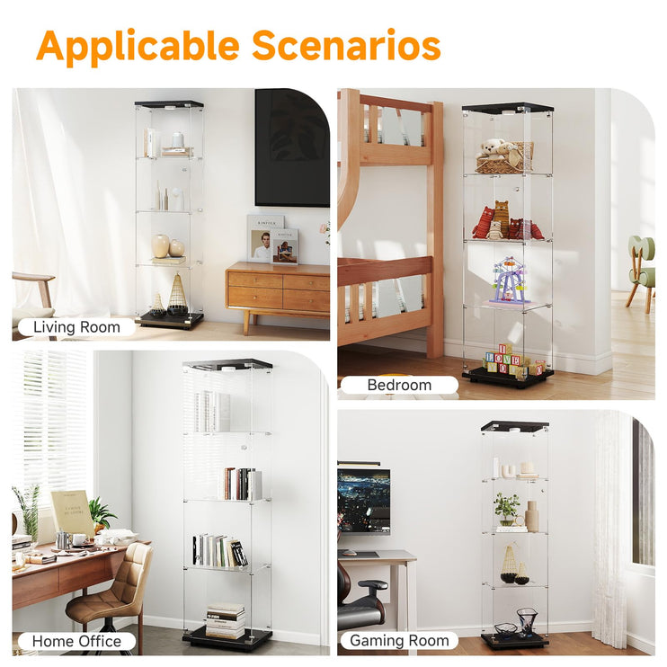 Tempered Glass Display Cabinet with Lights, 4-Tier Curio Cabinet with Glass Doors and Lock, Glass Display Case for Collectibles, for Living Room, Office, Bedroom, Single Door, Black