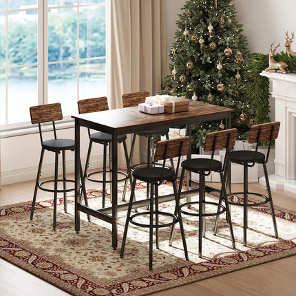 Dining Table Set for 6, 7-Piece Bar Table Set, Kitchen Table and Chairs, Counter Height High Top Table with 6 PU Upholstered Stools, Space-Saving Pub Tables Set for Small Space, Brown