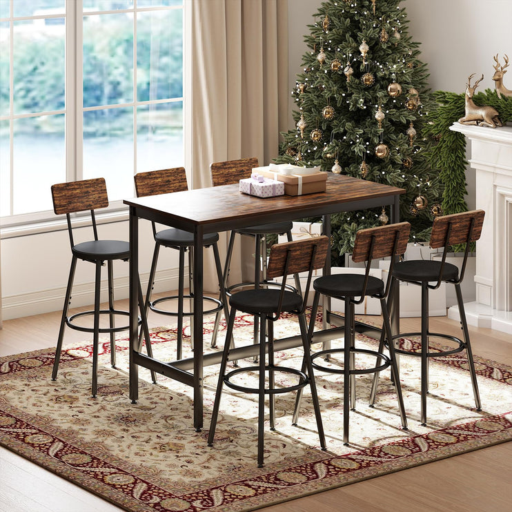 Dining Table Set for 6, 7-Piece Bar Table Set, Kitchen Table and Chairs, Counter Height High Top Table with 6 PU Upholstered Stools, Space-Saving Pub Tables Set for Small Space, Brown