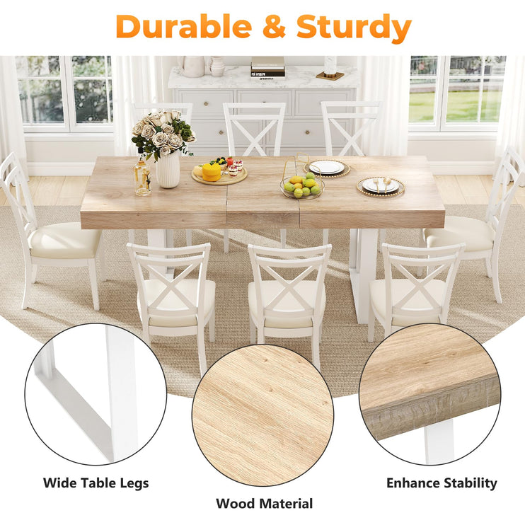 63"-78.7" Expandable Dining Table, 6-10 Farmhouse Kitchen Table, Extendable Dining Table, Rectangular Kitchen Table with Metal Track, Tapered U-Shaped Legs for Dining Room, Office-Oak