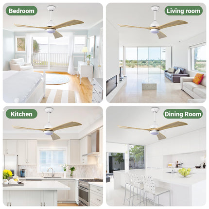 52 Inch Ceiling Fan with Light, Modern Ceiling Fan with Light and Remote, 3 Wooden Blades, Reversible DC Motor, Quiet Ceiling Fan for Bedroom/Living Room/Office, Light Wood