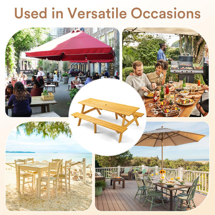 8 Person Wood Picnic Table, Rectangle Tabletop with Umbrella Hole, 2 Built-in Long Benches, 2220LBS Total Capacity for Gardens, Yards, Pale Wood