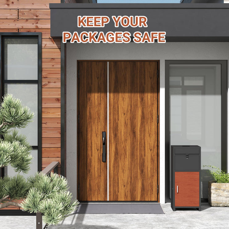 36.6'' Package Delivery Box for Outside, Anti-Theft Parcel Drop Box with Lock, Mail and Package Storage for Porch, Courtyard Entrance, Garage, or Apartment Door, Black and Brown