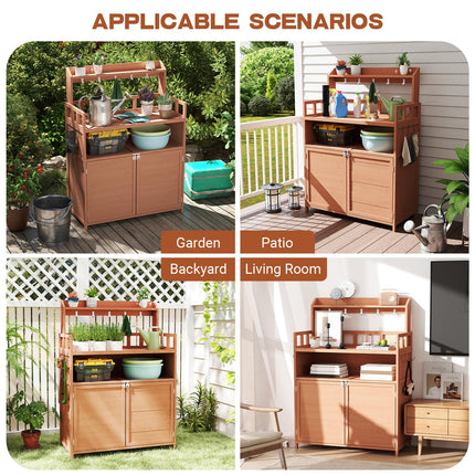 Outdoor Potting Bench Table for Outside, Solid Fir Wood Garden Horticultural Planting Workstation with Large Storage Cabinet and Top Shelf for Gardening, Patio, Backyard