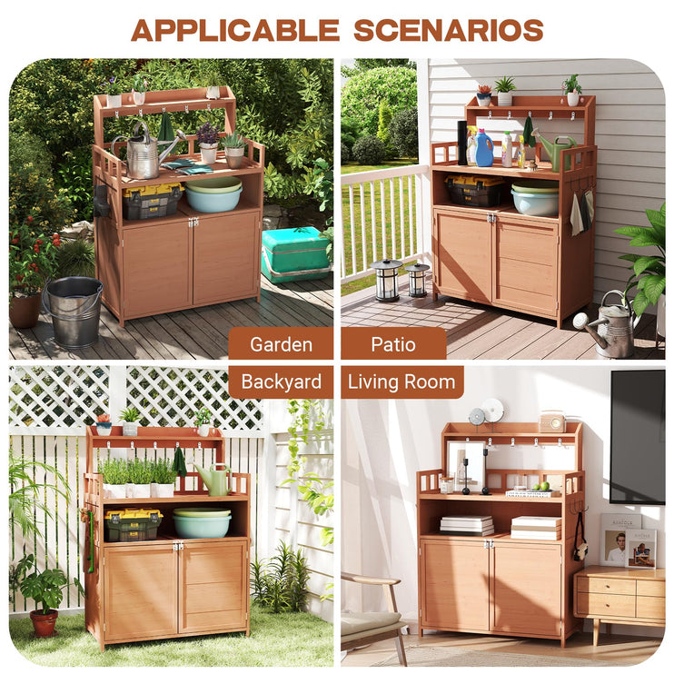 Outdoor Potting Bench Table for Outside, Solid Fir Wood Garden Horticultural Planting Workstation with Large Storage Cabinet and Top Shelf for Gardening, Patio, Backyard
