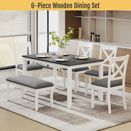 6-Piece Solid Wood Dining Table Set, Including 1 Dining Table, 4 Upholstered Chairs and 1 Bench, Wooden Legs Dining Table Set for Dining Room, Kitchen, Restaurant, White
