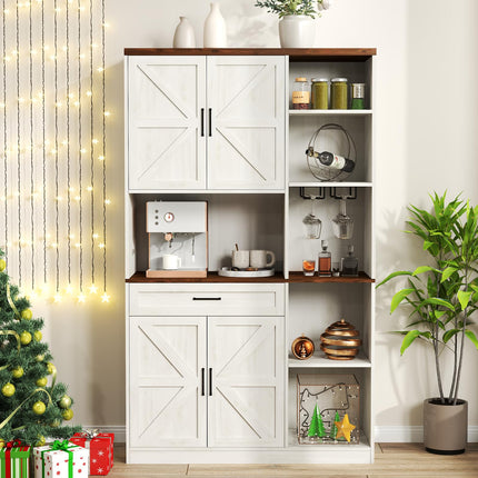 Kitchen Pantry Storage Cabinet with LED Lights and Charging Station, 71" Tall Kitchen Hutch Buffet Cabinet with Door Glass Holder and Drawers, Freestanding Wood Cupboard (Antique White)