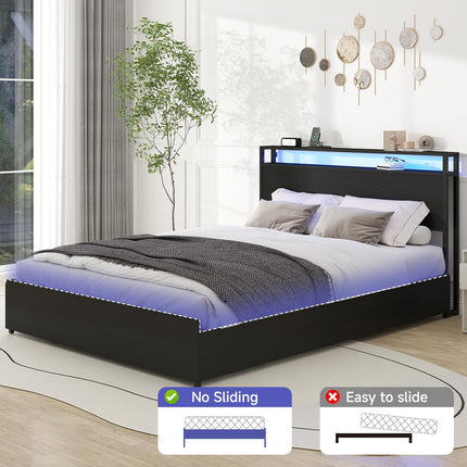 Queen Bed Frame with 4 Storage Drawers, Queen Size Bed Frame with Headboard, LED, Charging Station with USB Ports & AC Outlets, Sturdy Metal Slat Support, No Noise, Black