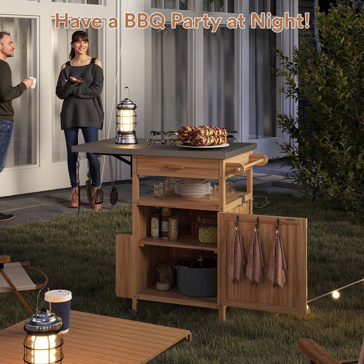 Outdoor Grill Cart with Drop Leaf, Stainless Steel Tabletop Outdoor Kitchen Island, Solid Wood Outdoor Buffet Cabinet with Drawer, Towel Rack, Lockable Wheels for Grilling, Brown/Light Wood Color/Gray-blue