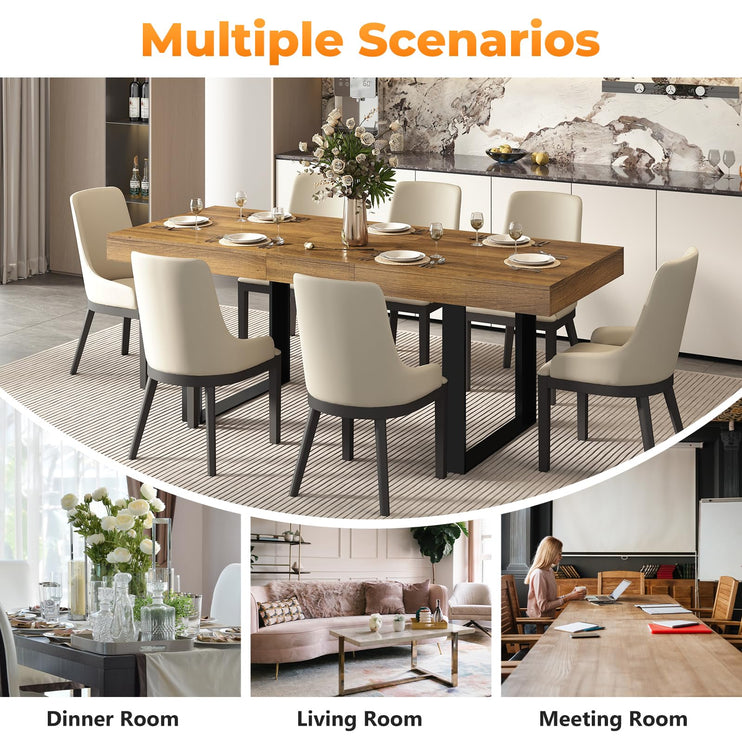 63"-78.7" Expandable Dining Table, 6-10 Extendable Dining Table, Farmhouse Kitchen Table with Slide Track, Tapered U-Shaped Wood Legs for Dining Room, Living Room-Brown