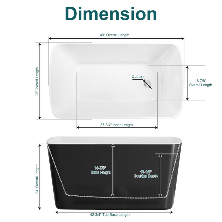 49" Acrylic Freestanding Bathtub, Modern Deep Soaking Tub with Brushed Nickel Overflow and Drain, cUPC Certified Free Standing Tub, Black