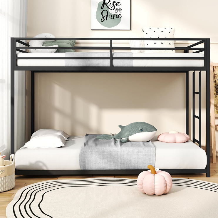 Twin Over Twin Bunk Bed, Metal Low Profile Bunkbeds with Full-Length Guardrail and Ladder, Space Saving, No Boxing Spring Needed, Black