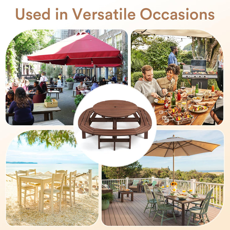 Wood Picnic Table for 10-12 People, Round Top with Umbrella Hole, 4 Built-in Curved Benches, 2220LBS Capacity for Patios & Backyards, Brown