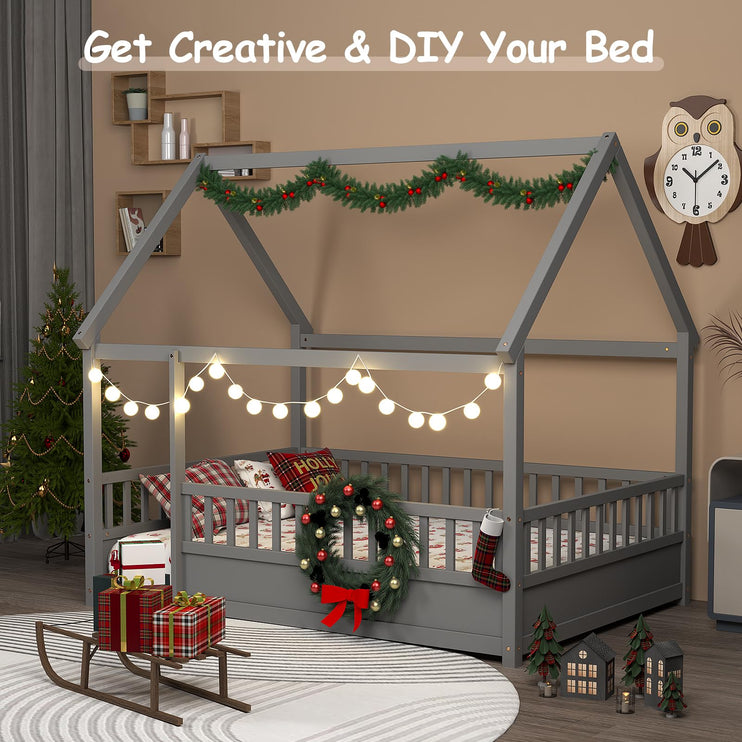 Twin House Bed for Kids, Wooden Montessori Bed with Fence and Roof for Toddlers, Kids Floor Bed Frame for Girls & Boys, Twin Grey