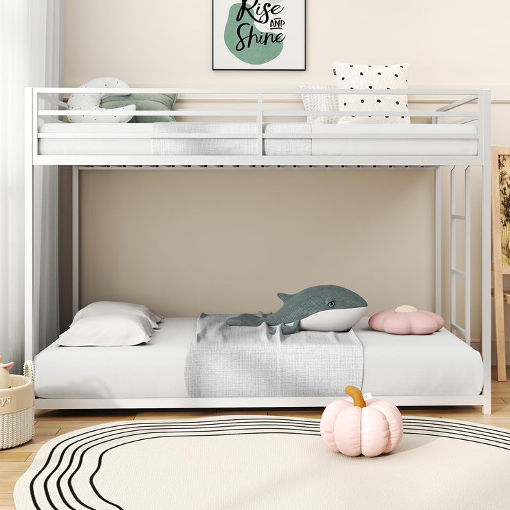 Twin Over Twin Bunk Bed, Metal Low Profile Bunkbeds with Full-Length Guardrail and Ladder, Space Saving, No Boxing Spring Needed, White