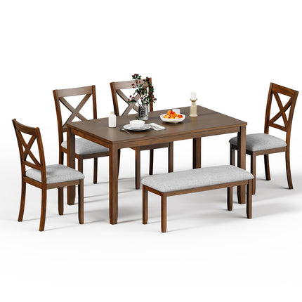 6-Piece Solid Wood Dining Table Set, Including 1 Dining Table, 4 Upholstered Chairs and 1 Bench, Wooden Dining Table Set for Kitchen, Dining Room, Walnut