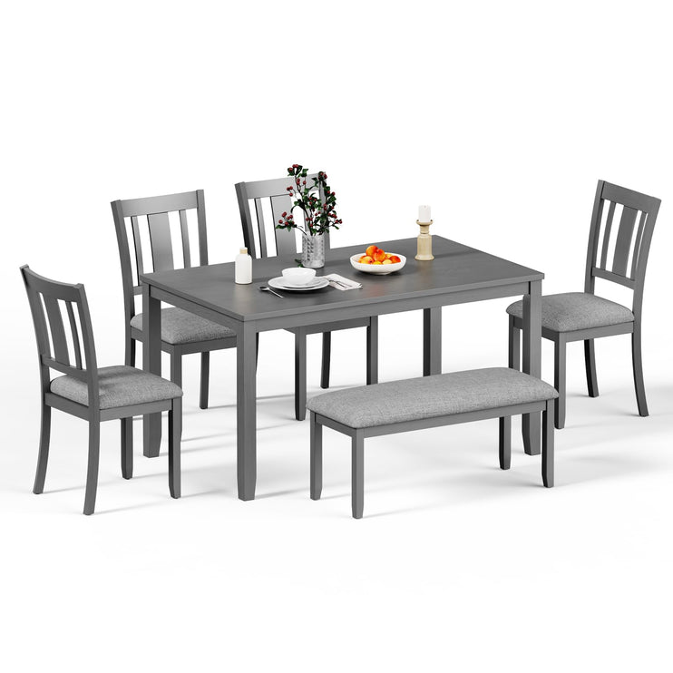 6-Piece Wooden Dining Table Set, Dining Table Set for 6, Including 1 Dining Table, 4 Upholstered Chairs and 1 Bench, Wooden Legs Dining Table, Table Set for Dining Room & Kitchen, Grey