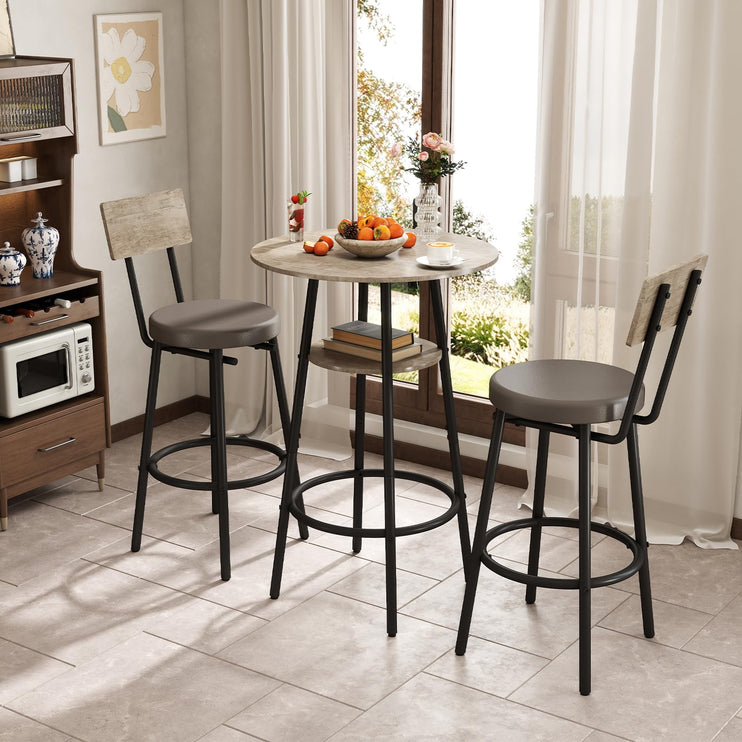 3 Pieces Round Bar Table and Chairs Set, Small Dining Table for 2, Kitchen Bar Table, Breakfast Table with Storage, 2 Thickened Cushion Stools with Backrest for Dining Room & Bistro-Grey