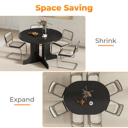43"-59" Expandable Round Dining Table, Extendable Dining Room Table for 4-6, Oval Tabletop with Removable Leaf, Trestle X-Shaped Base & Metal Track for Dining Room, Living Room-Black