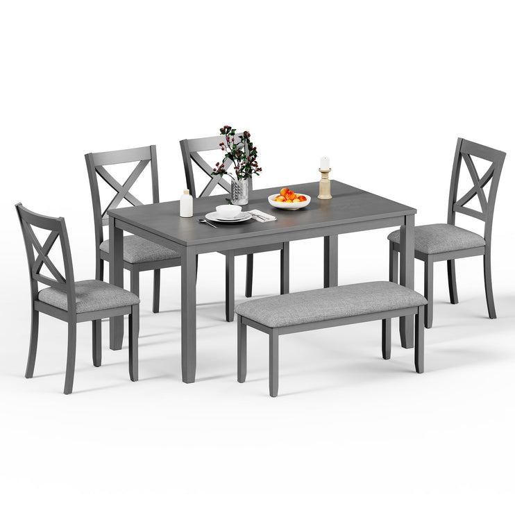 6-Piece Wooden Dining Table Set, Dining Table Set for 6, Including 1 Dining Table, 4 Upholstered Chairs and 1 Bench, Wooden Legs Dining Table, Table Set for Dining Room, Grey