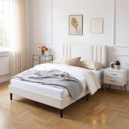 Upholstered Bed Frame King, PU Leather Upholstered Bed Frame with Headboard, Mattress Foundation with Sturdy Wooden Slats, No Box Spring Needed, No Noise, White