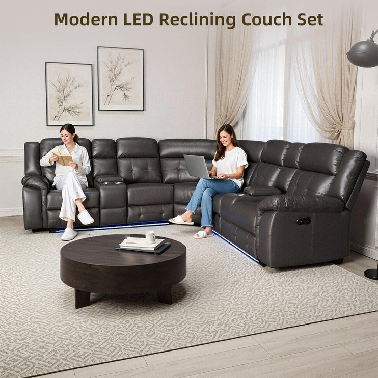 Power Leather Reclining Sofa with LED, Leather Couch with USB Port & Cup Holder/Storage Console for Living Room, Modern Power Recliner Sofa Sets with 2 Recliner Sectional, Brown