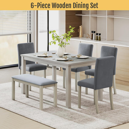 6-Piece Solid Wood Dining Table Set, Including 1 Dining Table, 4 Upholstered Chairs and 1 Bench, Wooden Dining Table Set with Crystal Decoration for Kitchen, Dining Room, Silver Grey