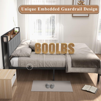 Queen Size Bed Frame with Headboard & Charging Station, Queen Upholstered Headboard with Storage Shelf, Heavy Duty Metal Platform Bed Frame, No Box Spring Needed, Easy Assembly