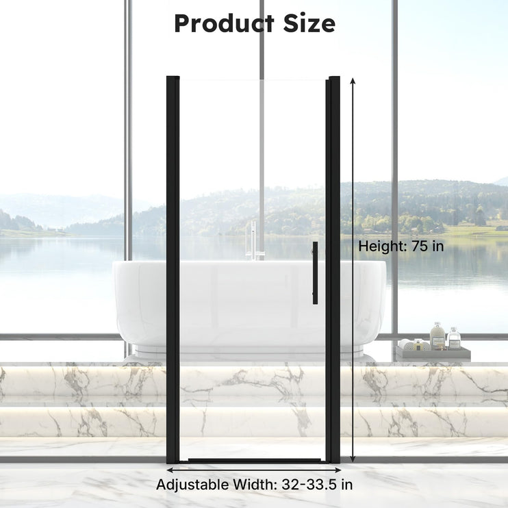 Adjustable 32-33.5" W x 75" H Semi-Frameless Pivot Shower Door, 1/4" (6mm) Clear Tempered Glass Shower Door, Pivot Swing Shower Glass Door, Reversible Installation, Black