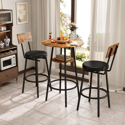 3 Pieces Round Bar Table Set, Small Dining Table for 2, Modern Kitchen Bar Table, Breakfast Table with Storage, 2 Thickened Cushion Stools with Backrest for Dining Room, Bistro-Brown