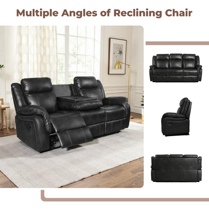 Leather Manual Recliner Sofa Set, 1, 2, 3 Seat Reclining Chairs with Adjustable Angles, Center Console, Hidden Storage & Cup Holders, Modern Reclining Furniture for Living Room & Bedroom, Black
