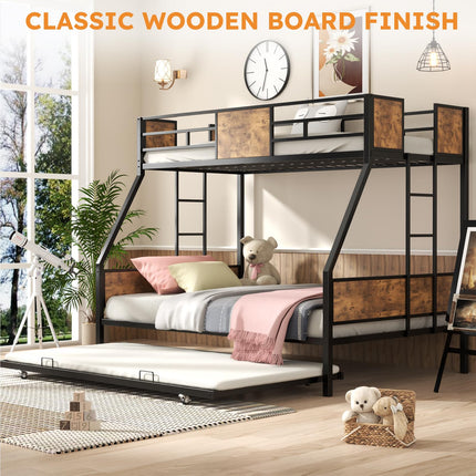 Twin Over Full Bunk Bed with Trundle, Metal Triple Bunk Bed with Full Length Guardrail 2 Side Ladders Thickened Bed Frame for Boys Girls Adults Loft, No Box Spring Needed, Black