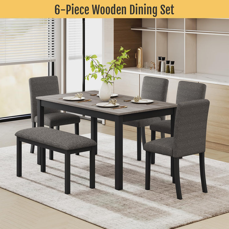6-Piece Solid Wood Dining Table Set, Including 1 Dining Table, 4 Upholstered Chairs and 1 Bench, Wooden Legs Dining Table Set for Dining Room, Kitchen, Restaurant, Dark Grey