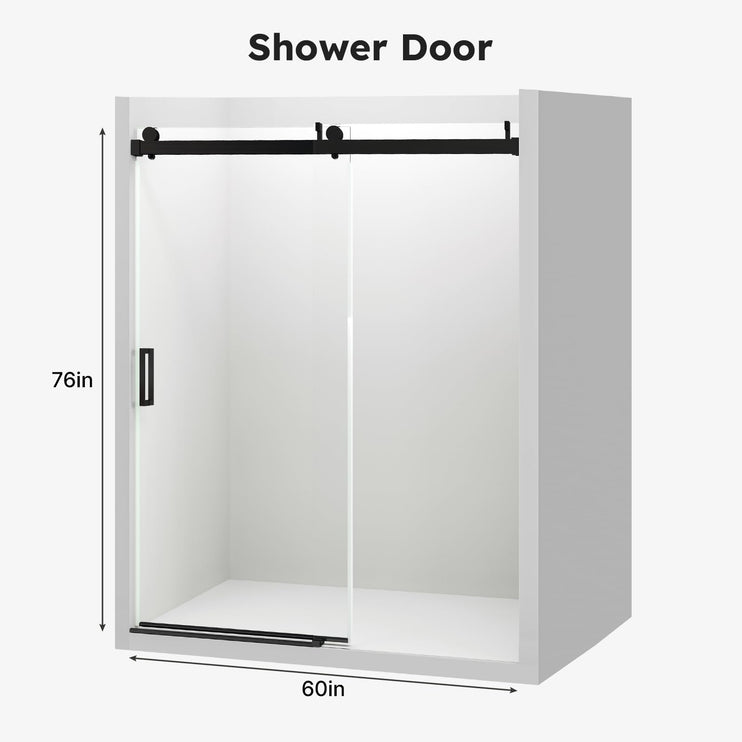 56"-60" W x 76" H Shower Door, Frameless Sliding Shower Glass Door with 1/4" (6mm) Clear Tempered Glass, Noiseless & Shatterproof Shower Door, Reversible Installation, Black