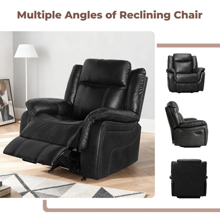 Leather Manual Recliner Sofa Set, 1, 2, 3 Seat Reclining Chairs with Adjustable Angles, Center Console, Hidden Storage & Cup Holders, Modern Reclining Furniture for Living Room & Bedroom, Black