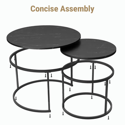 Small Coffee Table Round, Wood Nesting Coffee Table Set 27.6” with Marble Pattern Circle Table for Living Room, Bedroom, Patio, Yard (Black)