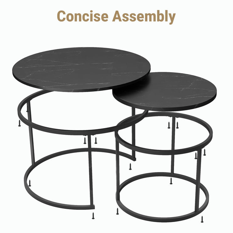 Small Coffee Table Round, Wood Nesting Coffee Table Set 27.6” with Marble Pattern Circle Table for Living Room, Bedroom, Patio, Yard (Black)