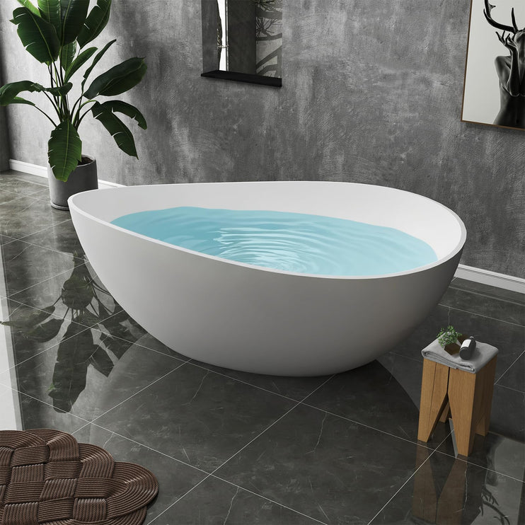 63 Inch Stone Resin Freestanding Bathtub, Modern Oval Soaking Bathtubs Tubs, Contemporary Solid Surface Bathtubs with Overflow and Pop-up Drain, Matte White