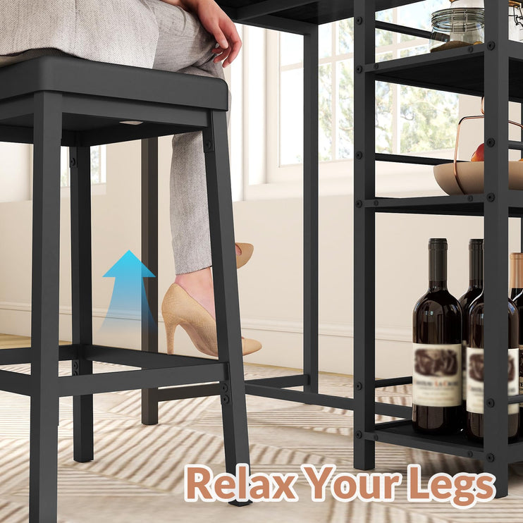 3 Pieces Pub Dining Table Set, Dining Table Set for 2, Counter Height Dining Set, Black Kitchen Bar Table, with 3 Storage Shelf & 2 H-Shaped Frame Support PU Stools for Bar, Kitchen-Black