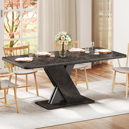 55"-70.87" Expandable Dining Table, Dinner Table for 4-8, Farmhouse Kitchen Table with X-Shaped Design Base, Rectangular Long Kitchen Table with Metal Track for Dining Room, Office-Marble
