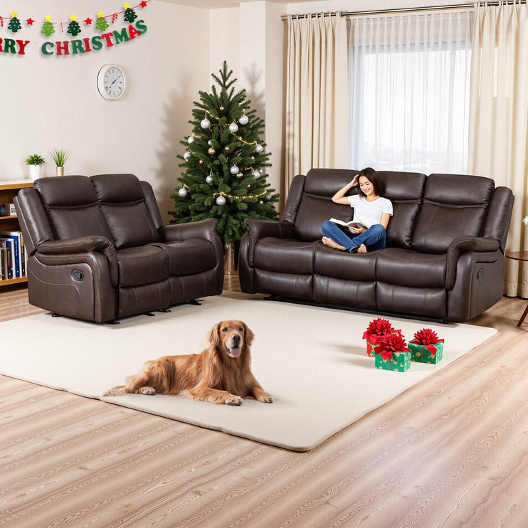 Adjustable Recliner Sofa Set, 2-Piece Reclining Couch (1+3, 2+3), Single Seat Recliner & Sofa Set with PU Leather, Cup Holders, Ergonomic Backrest & Angle Adjustment for Living Room & Office, Brown Seat